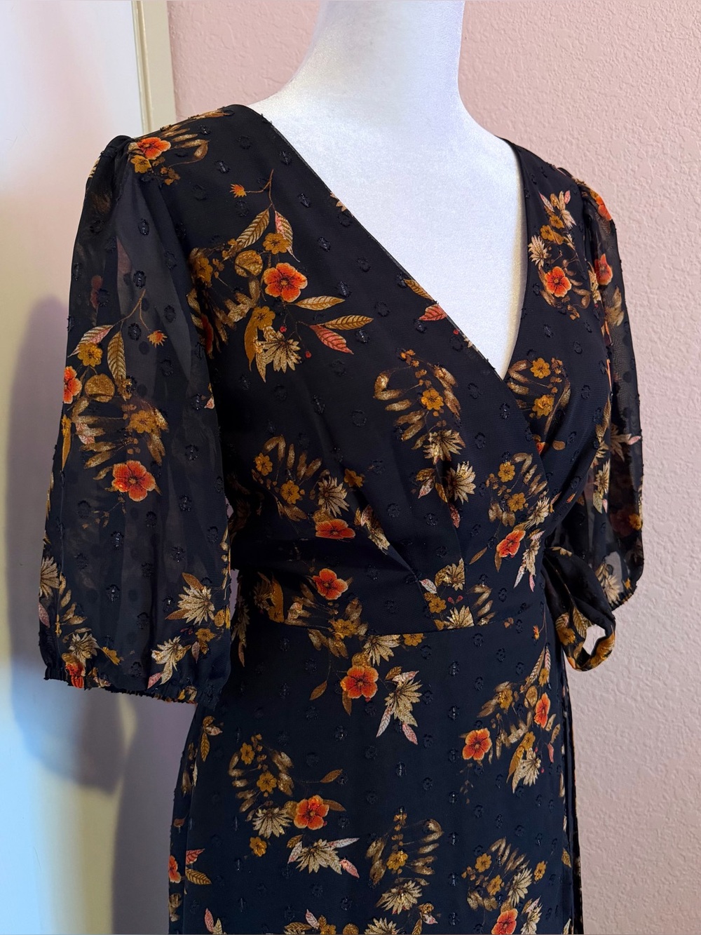 Lulus Seasonal Chic Black Floral Swiss Dot Wrap High-Low Dress - Picture 3 of 12